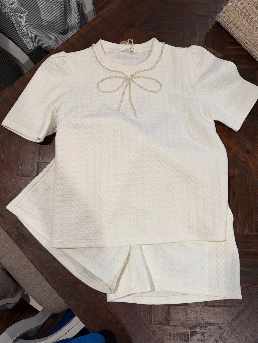 Textured Bow Cream Short Sleeve Set